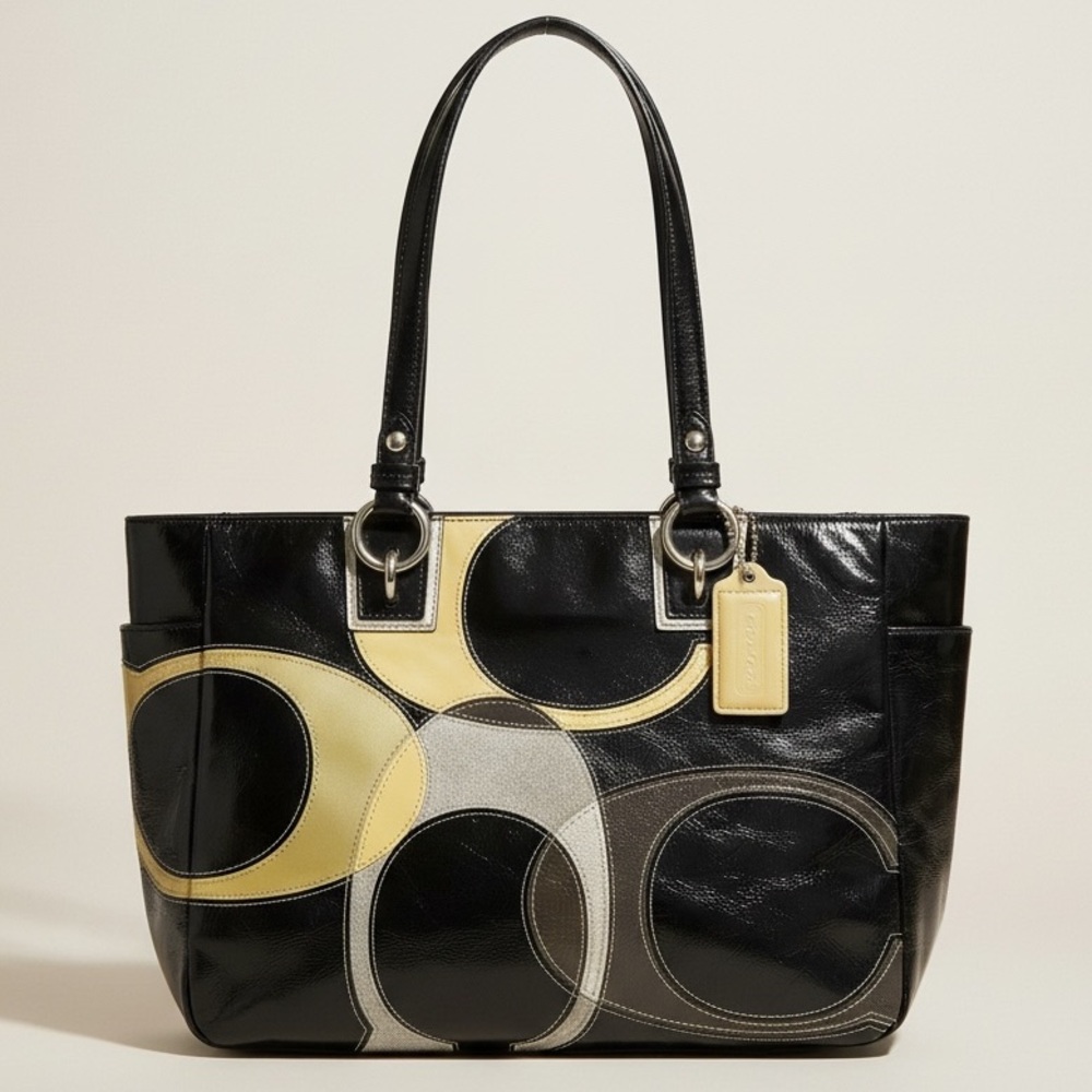 2010 Coach Opt Art Signature Patent Leather Black and Yellow Tote Bag
